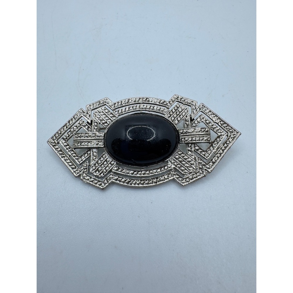 Vintage Art Deco Style Black Cabochon Silver Tone Geometric Brooch Pin Gothic